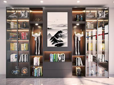 Modern Bookcase with Glass Doors Books Decorations and Central Painting 3d model