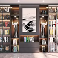 Modern Bookcase with Glass Doors Books Decorations and Central Painting