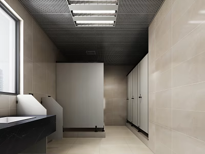 Public Restroom With Row of Stalls Black Countertop Sink Light Tiled Walls Ceiling Lighting 3d model