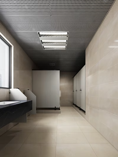 Public Restroom With Row of Stalls Black Countertop Sink Light Tiled Walls Ceiling Lighting 3d model