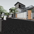 Modern Townhouse Exterior Two Story Design Floor to Ceiling Windows Lush Trees Stone Path