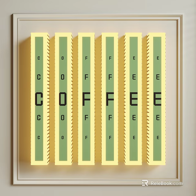 Six Vertically Arranged Wall Lights with Yellow Border Green Background Black Letters Forming COFFEE Word 3d model 