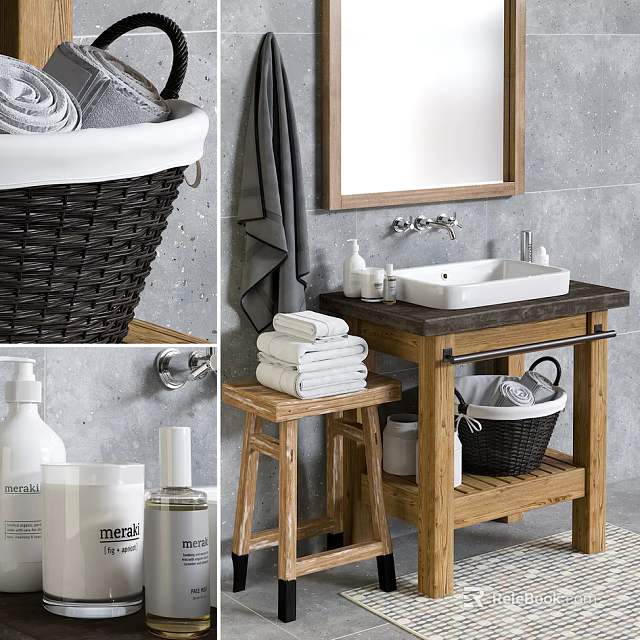 Natural Wooden Bathroom Vanity With Wall Mirror Folded Towels Basket And Toiletries On Gray Wall 3d model 