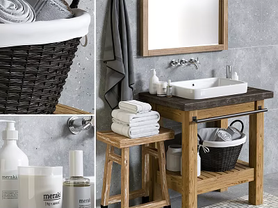 Natural Wooden Bathroom Vanity With Wall Mirror Folded Towels Basket And Toiletries On Gray Wall 3d model