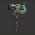 Mythical Dragon Head Weapon with Green Scales and Red Spiral Handle Design
