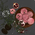 Fresh Pomegranates in Wooden Bowl with Sliced Fruit and Red Seeds on Dark Table