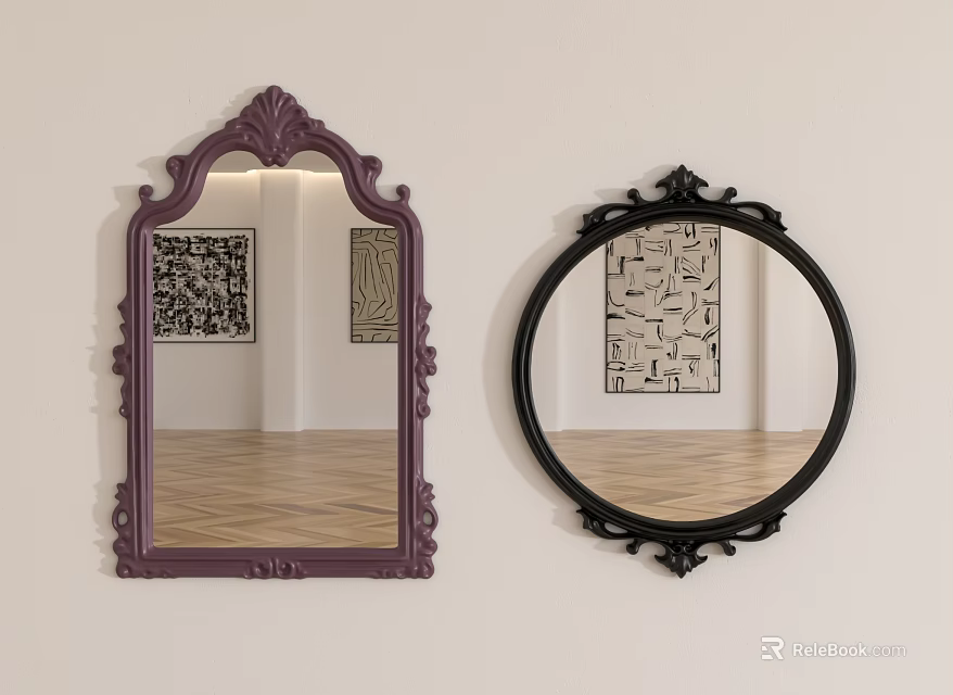 Two Decorative Mirrors Rectangular Purple And Round Black With Ornate Frames On White Wall 3d model