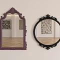 Two Decorative Mirrors Rectangular Purple And Round Black With Ornate Frames On White Wall 3d model