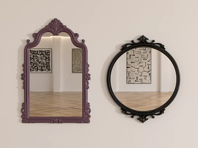 Two Decorative Mirrors Rectangular Purple And Round Black With Ornate Frames On White Wall 3d model