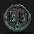 Dark Fantasy Shield With Skull Head Horns Purple Eyes And Metal Wooden Accents