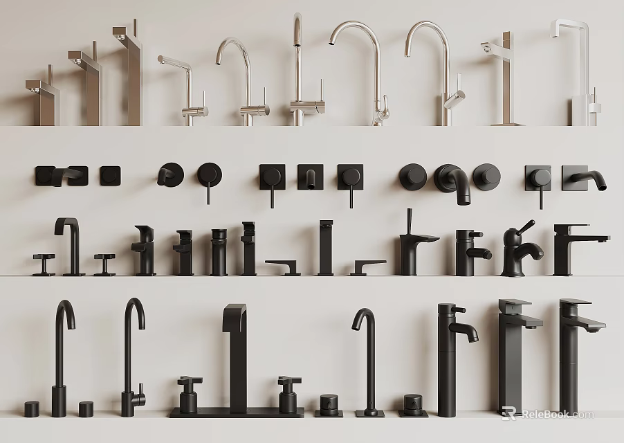 Collection of Modern Kitchen Bathroom Faucets with Chrome Black Finishes and Sleek Designs 3d model 