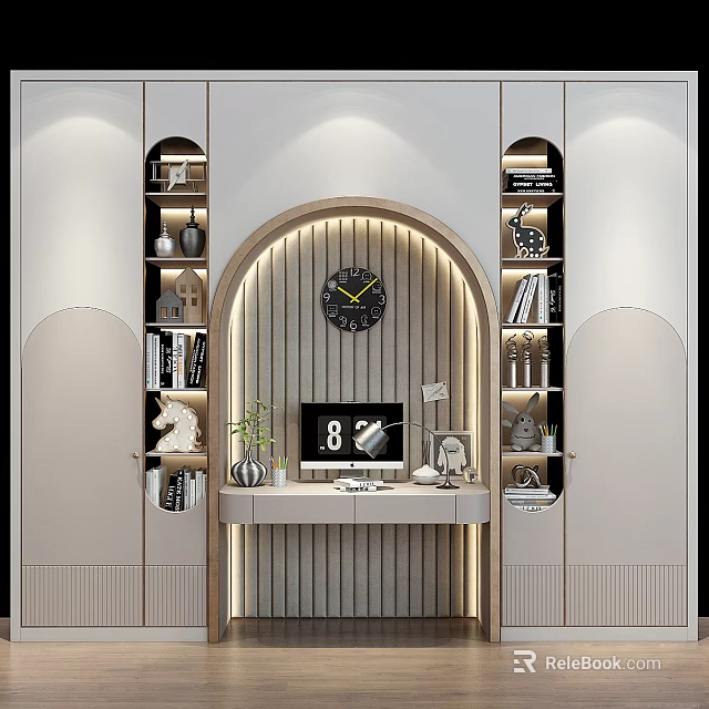 Modern Wardrobe Design With Open Shelves Clock Desk And Decorative Lighting 3d model