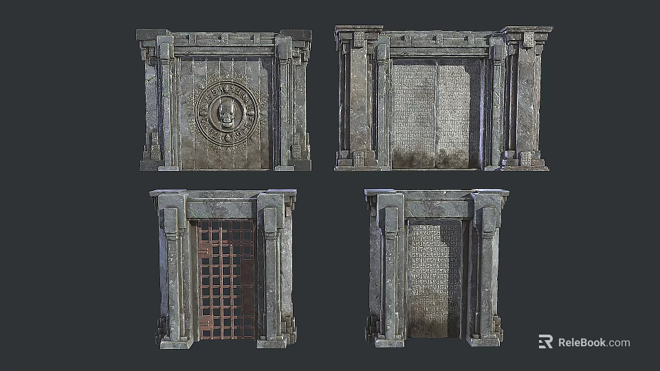 Ancient Style Stone Door Frames With Carvings Grid Design And Inscriptions 3d model 