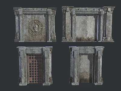 Ancient Style Stone Door Frames With Carvings Grid Design And Inscriptions 3d model