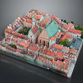 Colorful Birds Flying Over Historic Red Roof City Model With Green Church