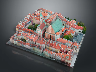 Colorful Birds Flying Over Historic Red Roof City Model With Green Church 3d model