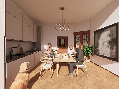 Cozy Restaurant Dining Space With Wooden Table Chairs White Cabinets Pendant Light And Herringbone Floor 3d model
