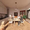 Cozy Restaurant Dining Space With Wooden Table Chairs White Cabinets Pendant Light And Herringbone Floor