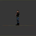 Adventurer In Black Yellow Striped Jacket Red Scarf Standing With Wolf On Sandy Ground
