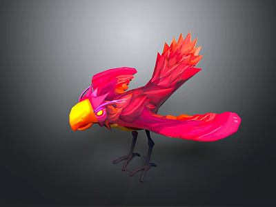 Vibrant Red And Pink Bird With Yellow Beak And Spread Wings On Gray Background 3d model