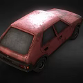 Red Rusty Vintage Compact Car With Rusted Body And Old Exterior