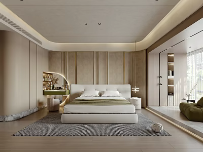Modern Cozy Bedroom Interior Design With Wooden Headboard Bed Area Rug And Natural Light 3d model