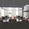 Public Office Space With Circular Light Large Windows White Desks Red Chairs And Potted Plants
