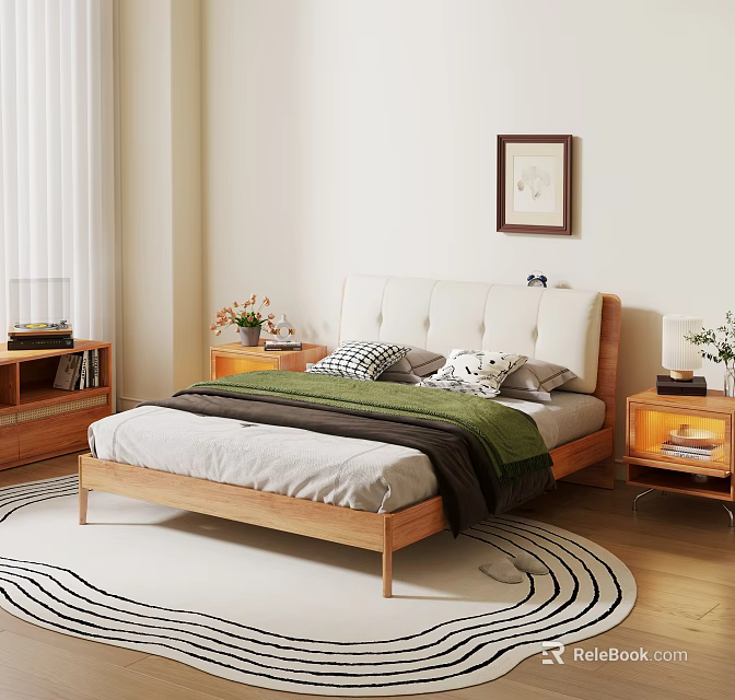 Double Bed With Wooden Frame White Upholstered Headboard Gray Bedspread Green Blanket Pillows Nightstands Rug 3d model 