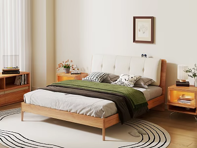Double Bed With Wooden Frame White Upholstered Headboard Gray Bedspread Green Blanket Pillows Nightstands Rug 3d model