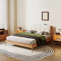 Double Bed With Wooden Frame White Upholstered Headboard Gray Bedspread Green Blanket Pillows Nightstands Rug