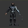 3D Game Movie Character in Dark Blue Combat Suit with Tech Accents and Weapon Accessories