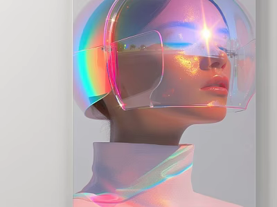 Portrait of Woman Wearing Iridescent Helmet and High Neck Garment 3d model