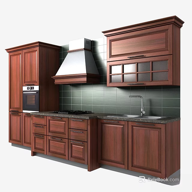Dark Wooden Kitchen Cabinets with Glass Door Upper Units Range Hood and Tiled Backsplash 3d model 