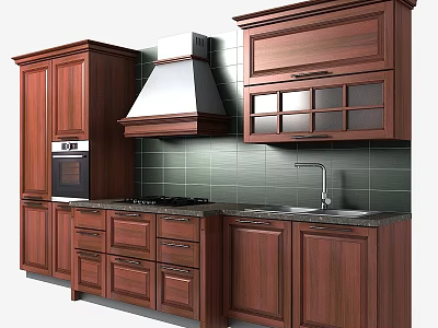 Dark Wooden Kitchen Cabinets with Glass Door Upper Units Range Hood and Tiled Backsplash 3d model