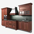 Dark Wooden Kitchen Cabinets with Glass Door Upper Units Range Hood and Tiled Backsplash