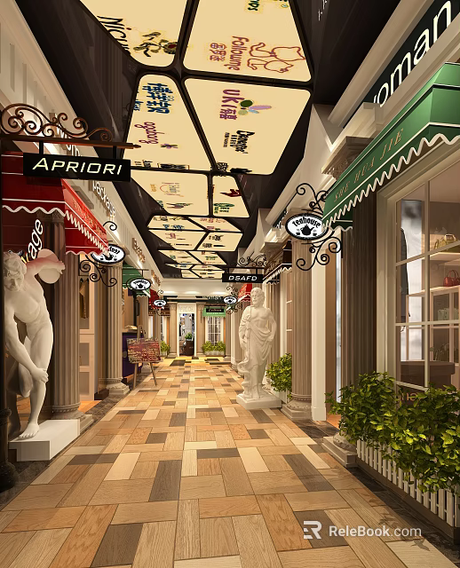 Commercial Street Featuring Awnings Decorative Signboards Classical Columns White Statues Patterned Tiles And Green Plants 3d model 