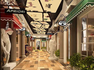 Commercial Street Featuring Awnings Decorative Signboards Classical Columns White Statues Patterned Tiles And Green Plants 3d model