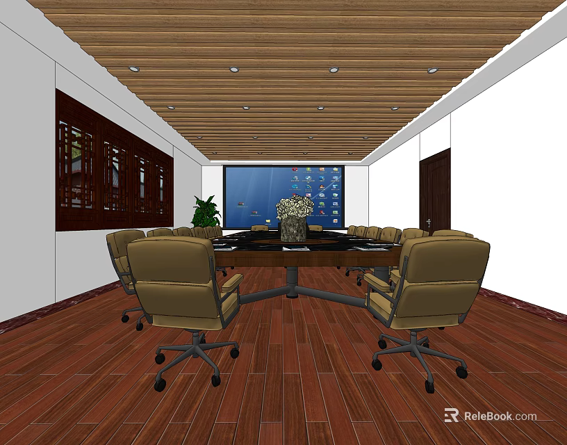 Modern Conference Room Interior with Long Meeting Table Brown Leather Chairs Wooden Ceiling and Floor 3d model 
