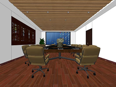 Modern Conference Room Interior with Long Meeting Table Brown Leather Chairs Wooden Ceiling and Floor 3d model