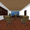 Modern Conference Room Interior with Long Meeting Table Brown Leather Chairs Wooden Ceiling and Floor