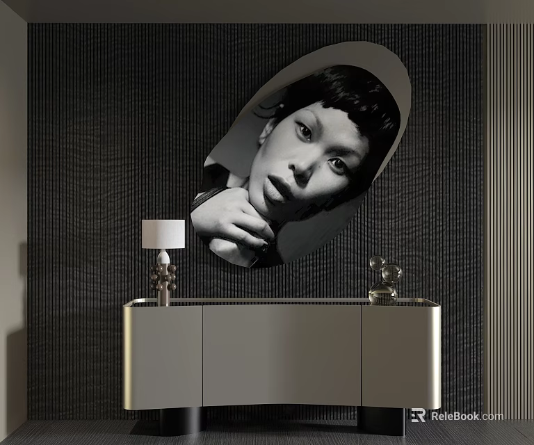 Entryway Console Table With Table Lamp Decorative Ornaments And Oval Mirror On Dark Textured Wall 3d model 