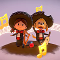 Happy Cartoon Girl and Dog in Sombreros Playing Harp Guitar with Music Notes and Rose