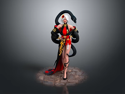 Woman In Traditional Red And Black Costume With Snake Ornaments Standing On Stone Floor 3d model