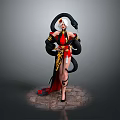 Woman In Traditional Red And Black Costume With Snake Ornaments Standing On Stone Floor