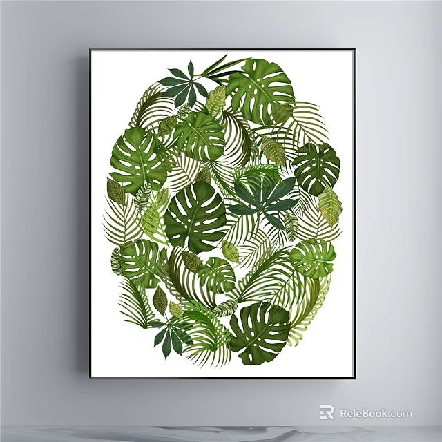 Tropical Plant Painting With Monstera Palm Leaves In Oval Composition On White Background Black Frame 3d model 