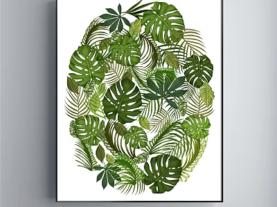 Tropical Plant Painting With Monstera Palm Leaves In Oval Composition On White Background Black Frame 3d model
