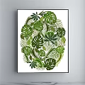 Tropical Plant Painting With Monstera Palm Leaves In Oval Composition On White Background Black Frame