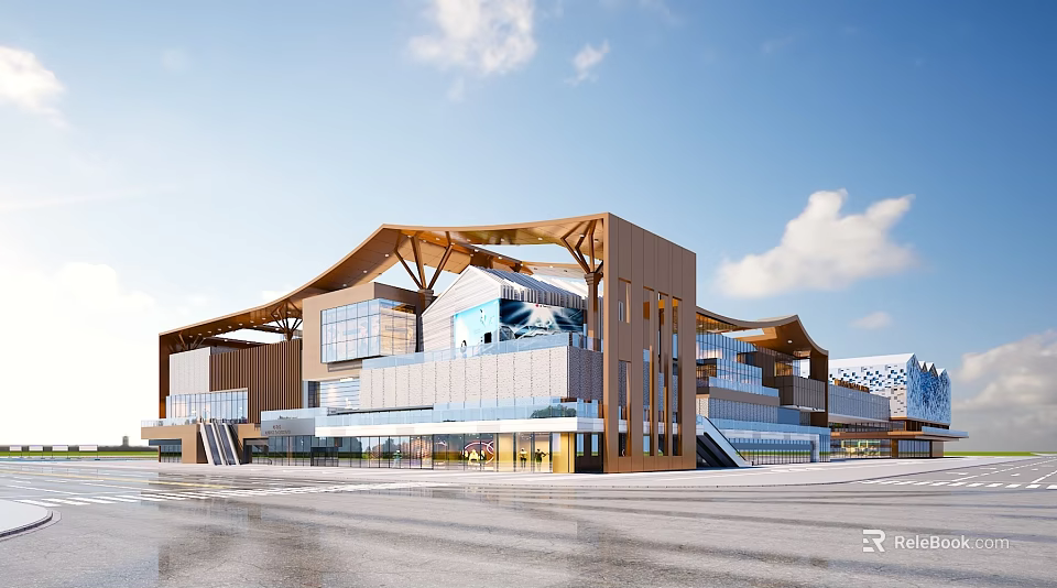 Modern Commercial Street With Wooden Structure Glass Curtain Walls Open Plaza Shopping Stores Pedestrian Walkways 3d model 