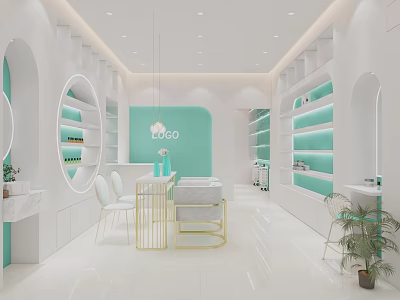 Modern Boutique Interior With Bright White Mint Green Arched Designs Round Mirrors Golden Accents And Potted Plant 3d model