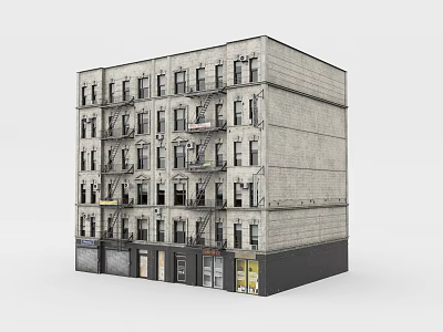 Vintage Multi Story Apartment Building With Fire Escapes And Ground Floor Shops 3d model